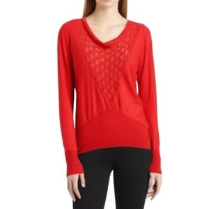 VERVE Pullover Sweater L‎ Red Drape Neck Crochet Panel Textured Boho Cozy